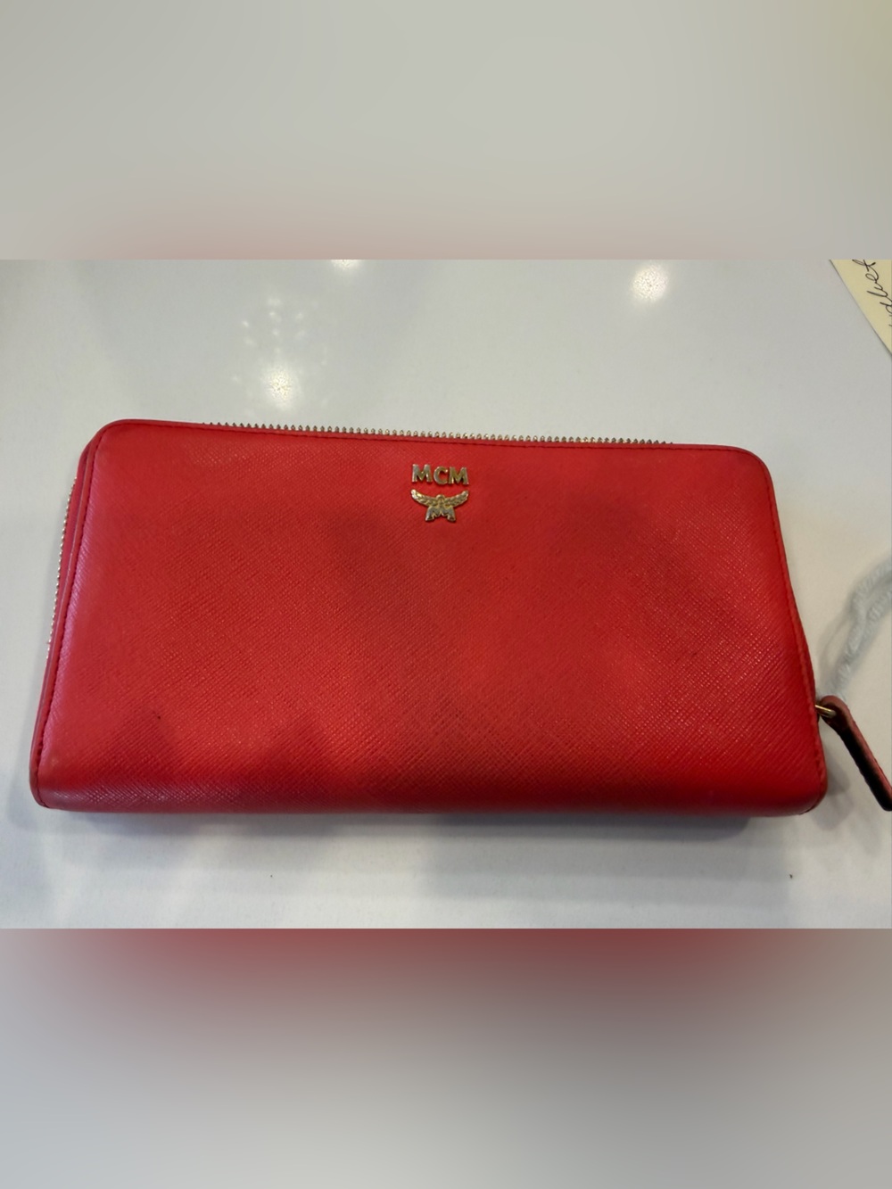MCM Red Zip-Around Leather Wallet with Gold Logo